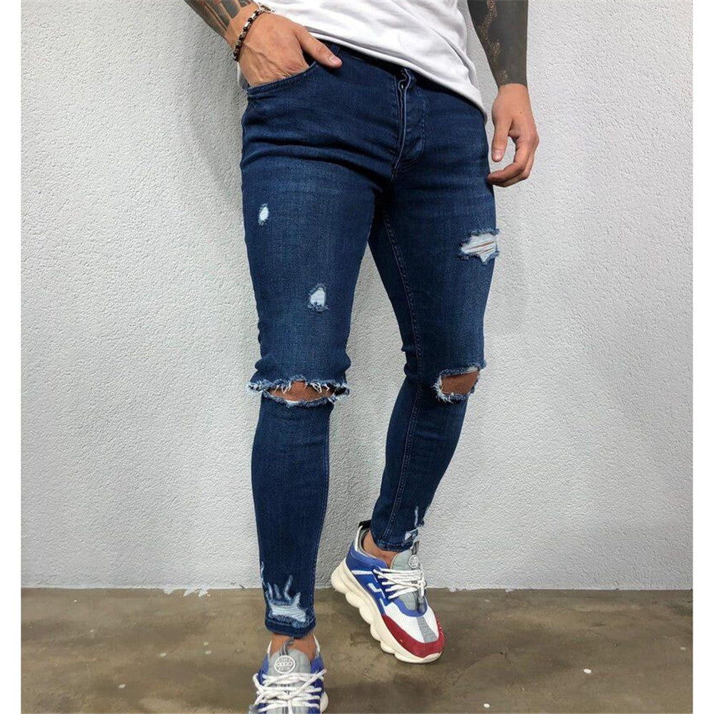 Pencil Pants Thin Plain Hole Mid Waist Men's Jeans