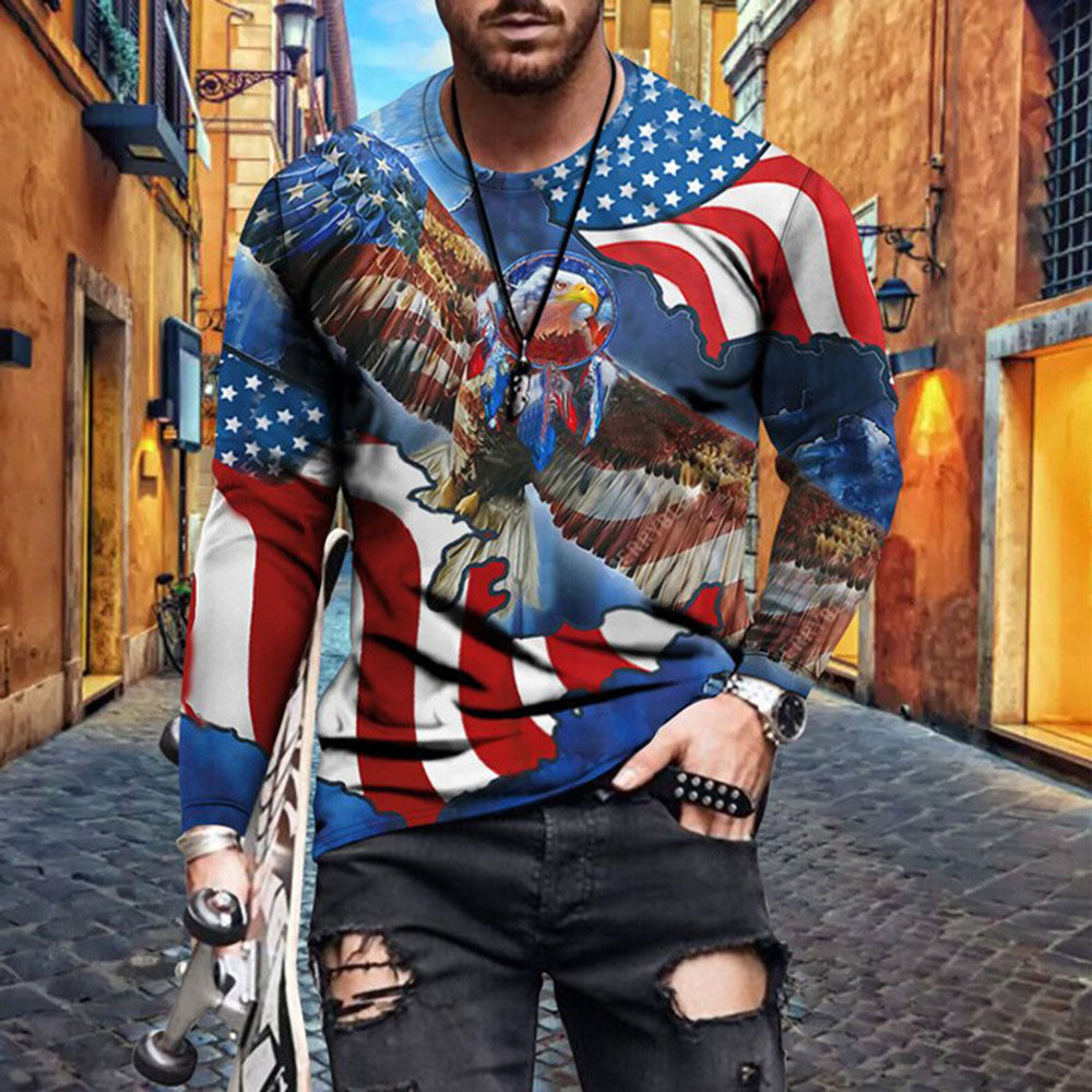 American Flag Patriotic T-Shirt | Round Neck Casual Print Long Sleeve Men's T-shirt