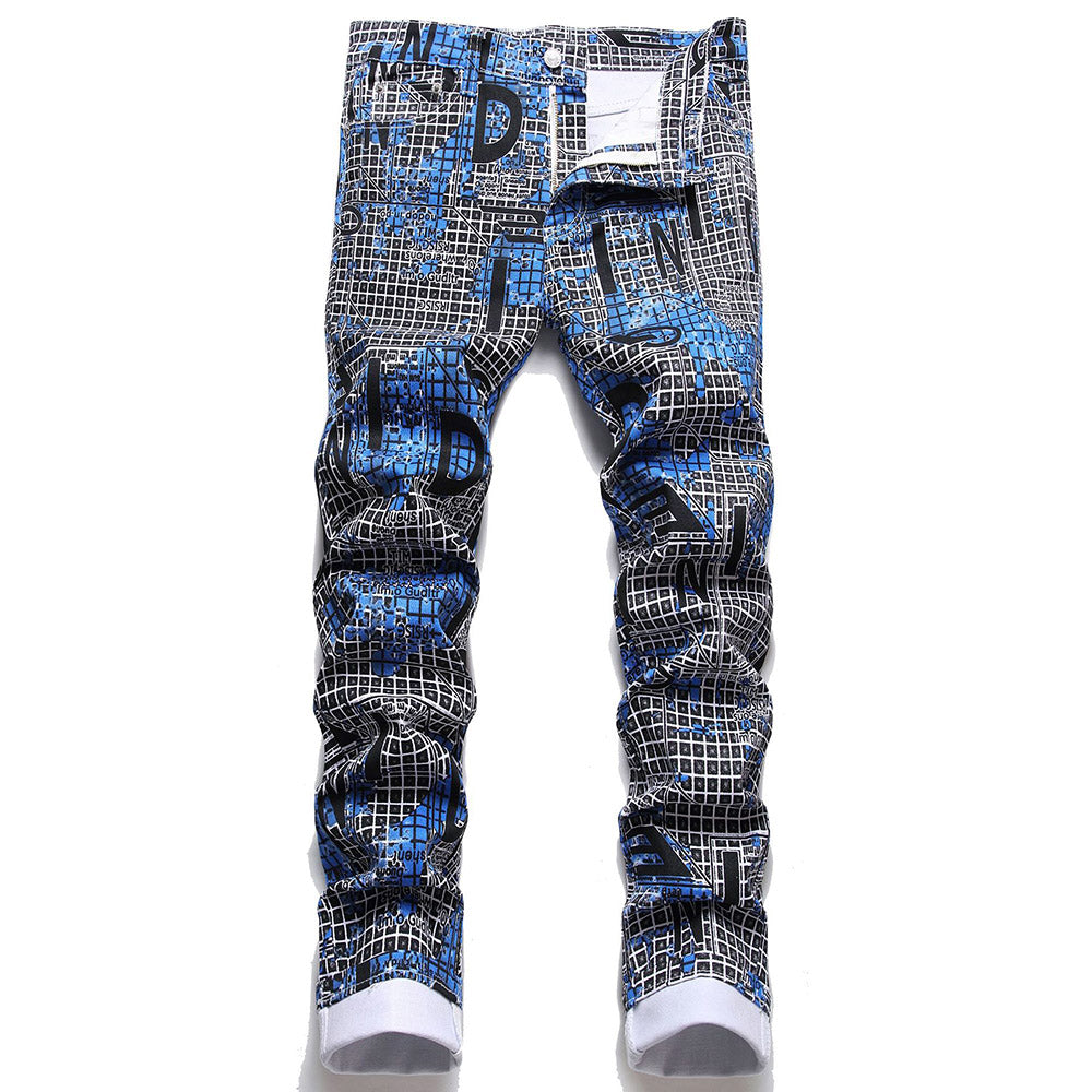 Print Plaid Zipper Men's Casual Pants