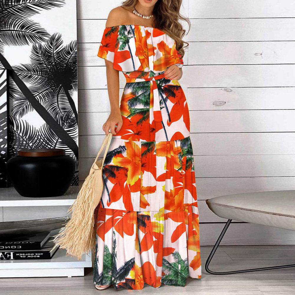 Floor-Length Print Short Sleeve Off Shoulder A-Line Women's Dress