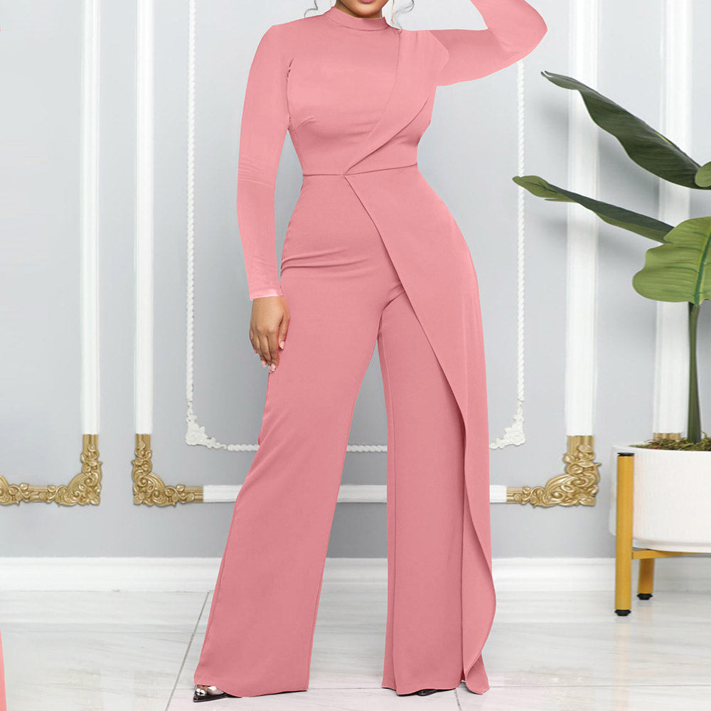 Full Length Office Lady Asymmetric Plain Mid Waist Women's Jumpsuit