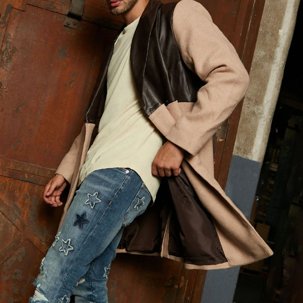 Notched Lapel Patchwork Color Block Mid-Length Fall Men's Coat