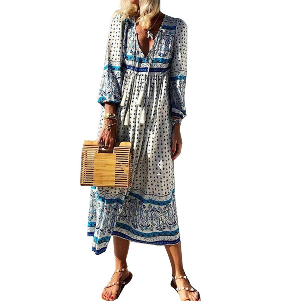 Mid-Calf Long Sleeve Print A-Line Women's Dress