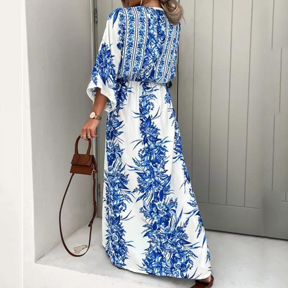 V-Neck Print Floor-Length Nine Points Sleeve Pullover Women's Dress