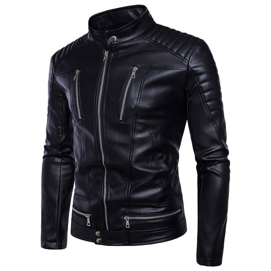 Standard Plain Stand Collar Zipper Men's Leather Jacket