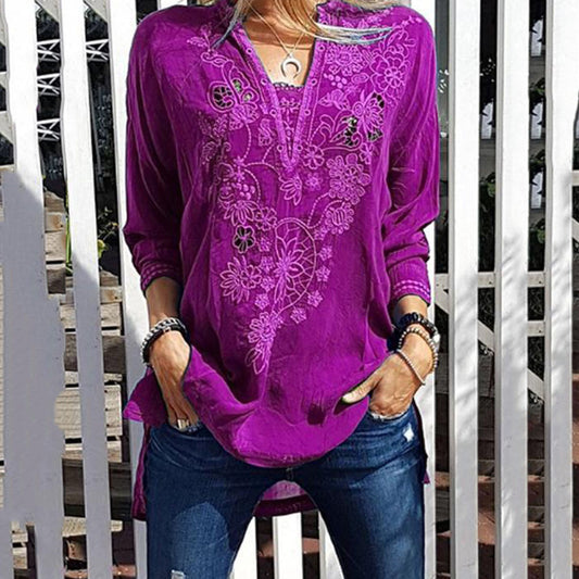 V-Neck Three-Quarter Sleeve Floral Mid-Length Casual Women's T-Shirt