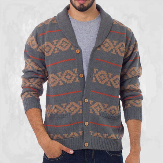 Standard Lapel Color Block Single-Breasted Men's Sweater