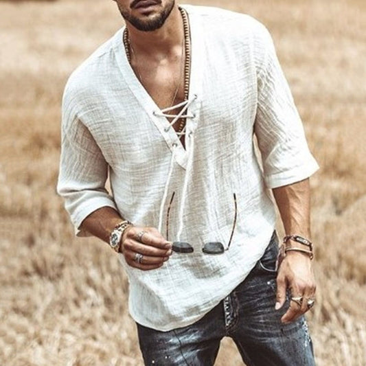 V-Neck Lace-Up Casual Plain Autumn Men's Shirt