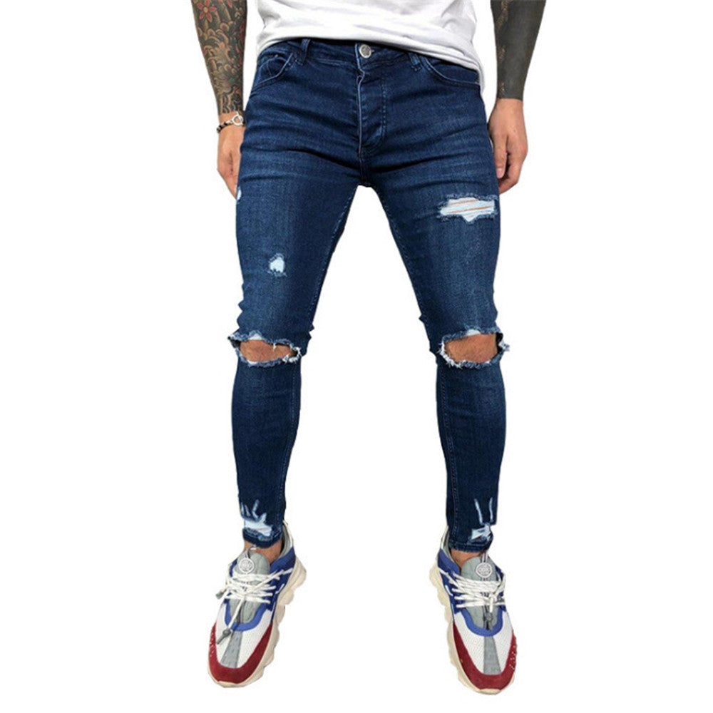 Pencil Pants Thin Plain Hole Mid Waist Men's Jeans