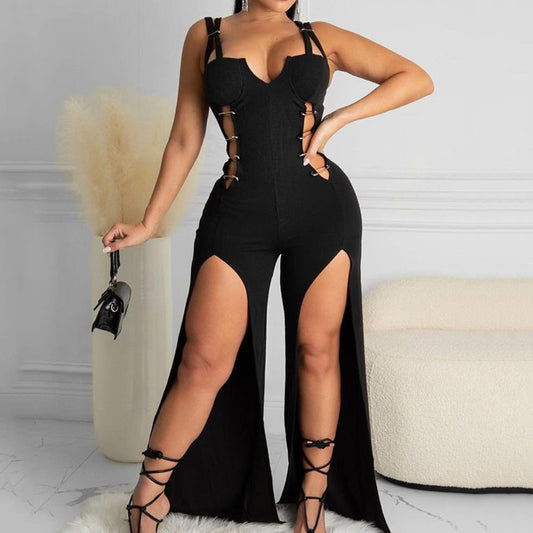 Full Length Plain Split Sexy Slim Women's Jumpsuit