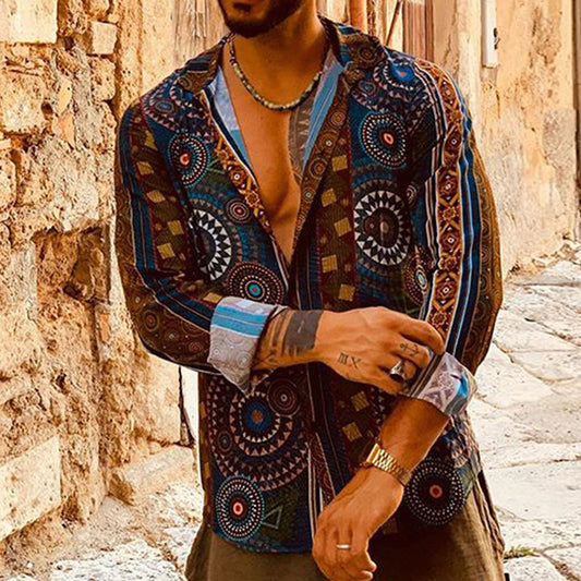 Dashiki Lapel European Print Straight Men's Shirt