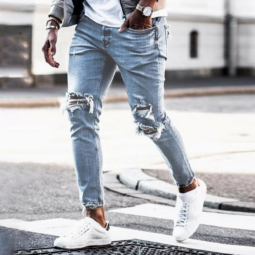 Plain Pencil Pants Hole Mid Waist Men's Jeans