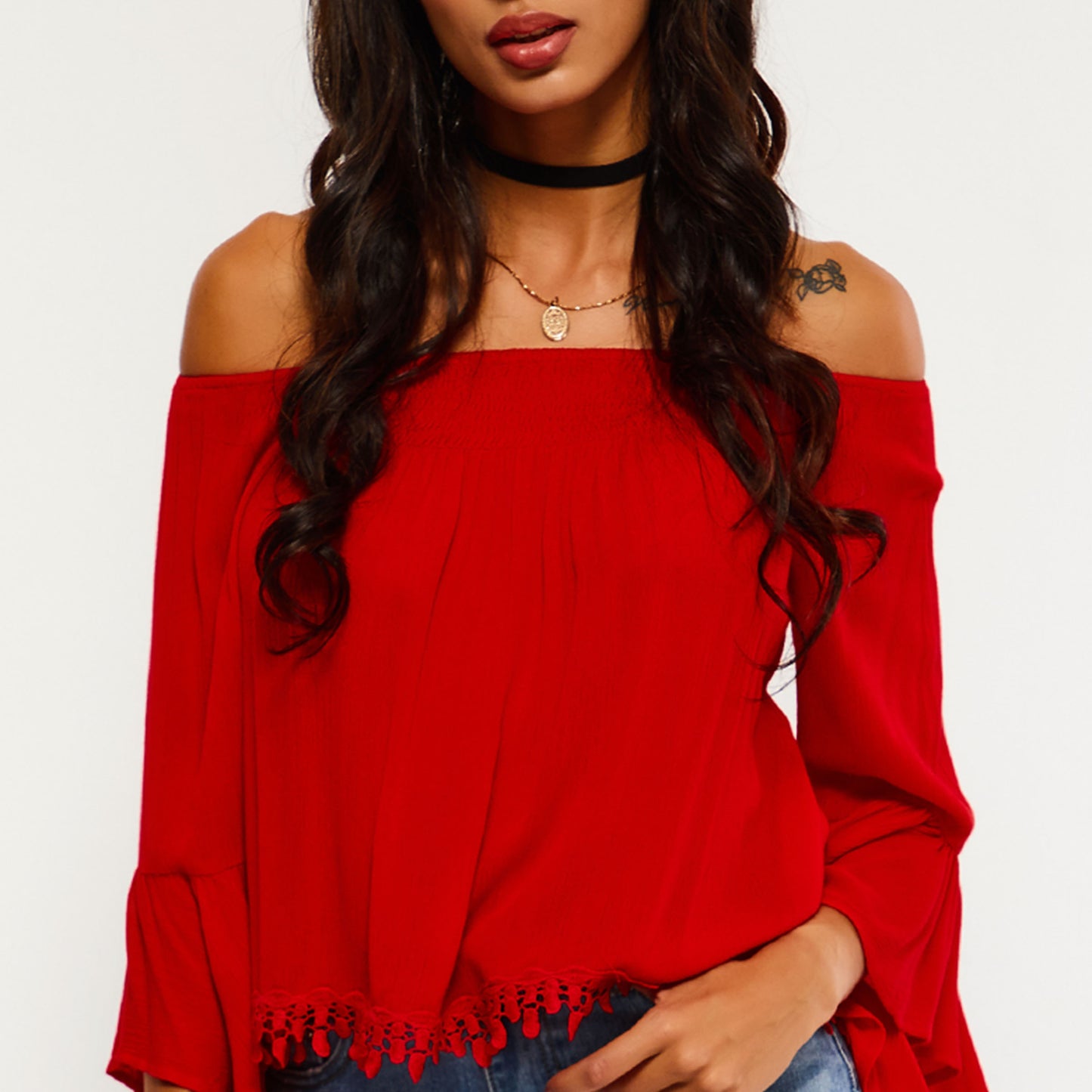 Plain Off Shoulder Asymmetric Flare Sleeve Short Women's Blouse