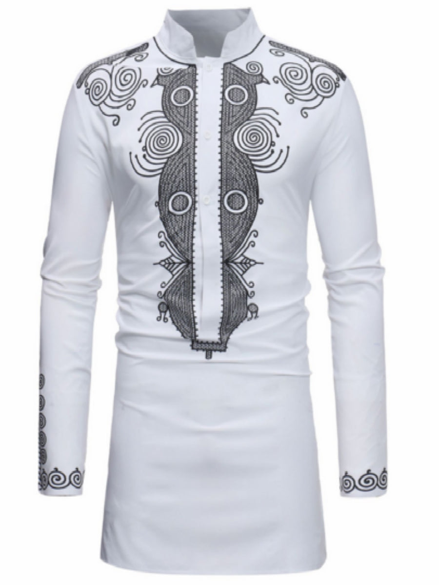 Dashiki Print African Ethnic Style Stand Collar Plain Slim Men's Shirt