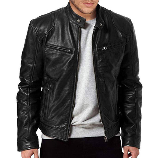 Plain Standard Stand Collar Slim Men's Leather Jacket