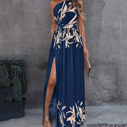 Women's Maxi Dress Floor-Length Sleeveless Oblique Collar Print High Waist Women's Dress