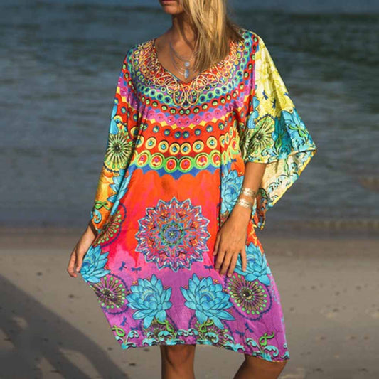 Three-Quarter Sleeve Print V-Neck Knee-Length Color Block Women's Dress