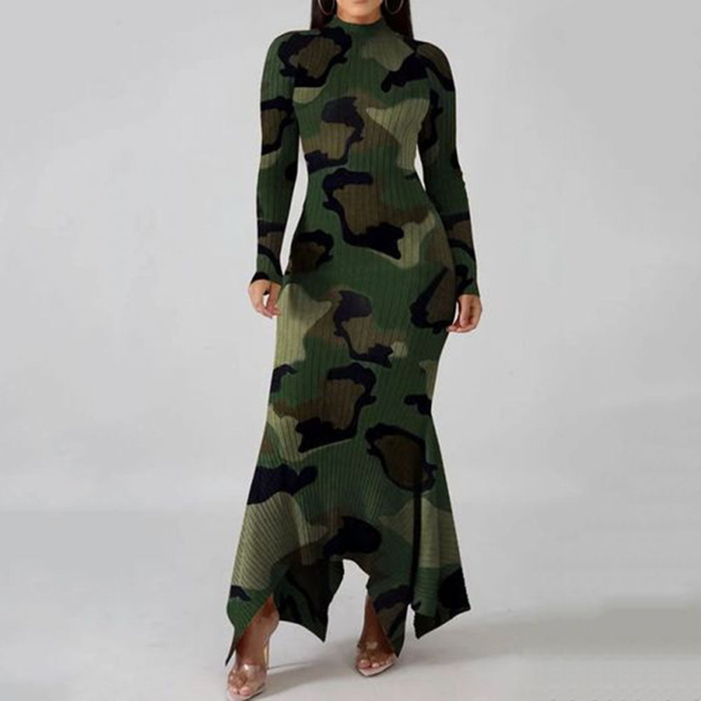 Asymmetric Floor-Length Long Sleeve Camouflage Women's Dress