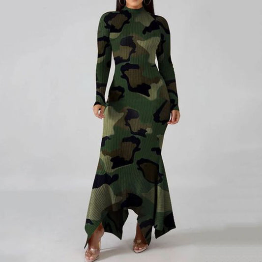 Asymmetric Floor-Length Long Sleeve Camouflage Women's Dress