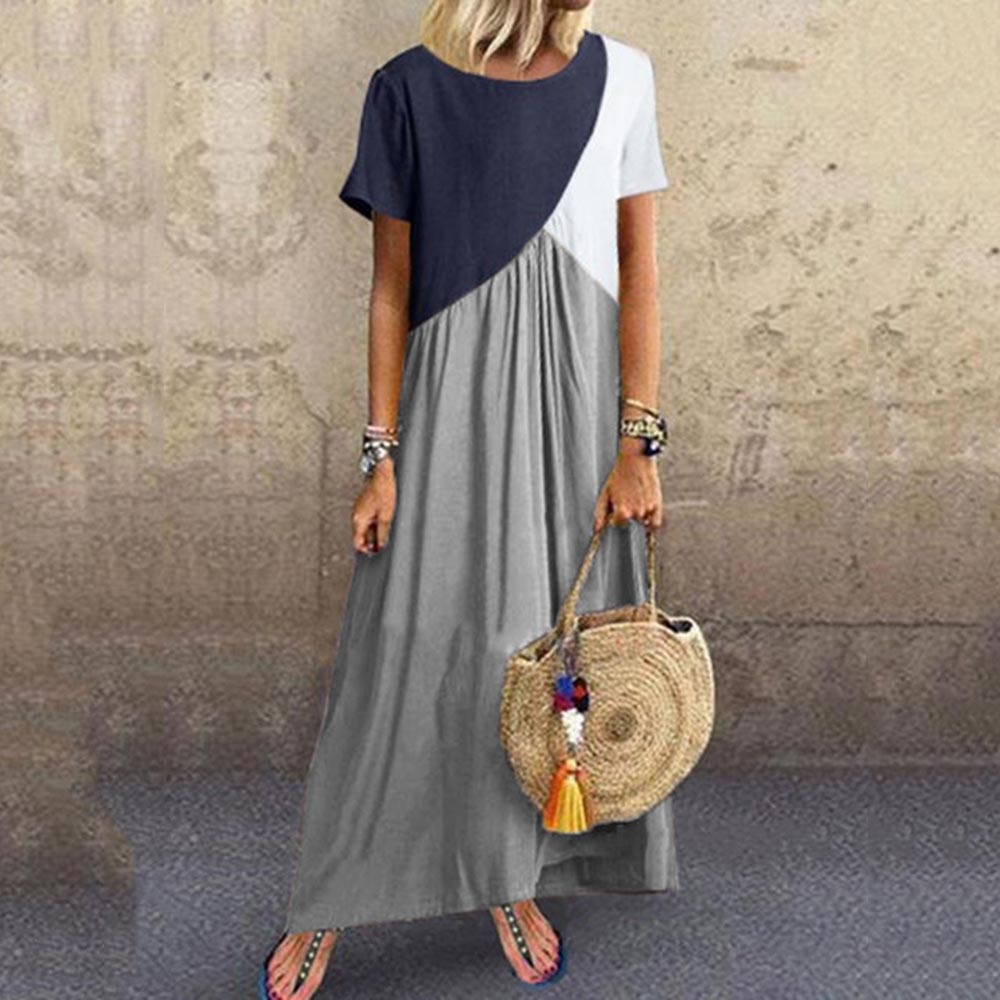 Round Neck Ankle-Length Patchwork Short Sleeve A-Line Women's Dress