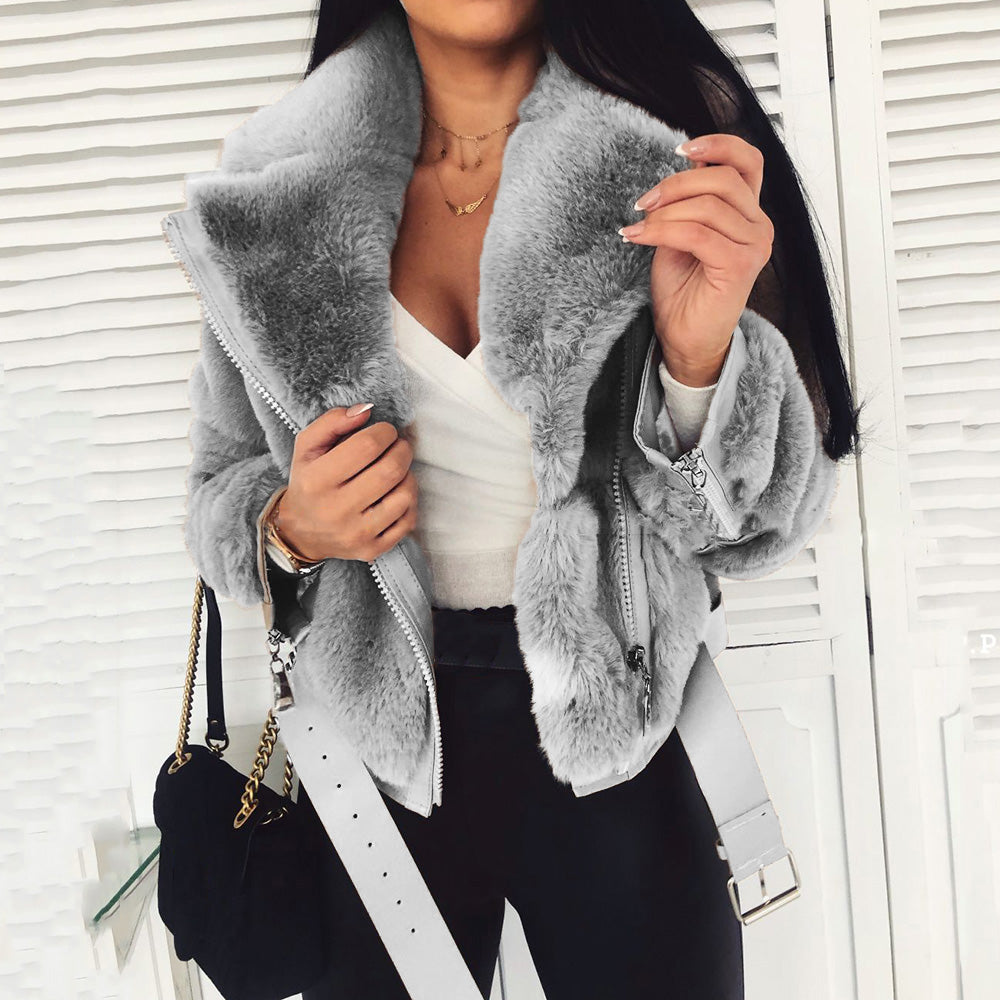 Notched Lapel Standard Regular Slim Women's Faux Fur Overcoat