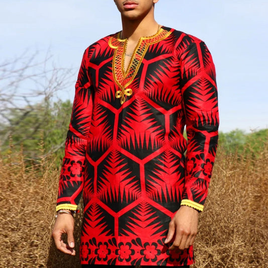 Dashiki Ethnic Color Block Embroidery Straight Men's Shirt