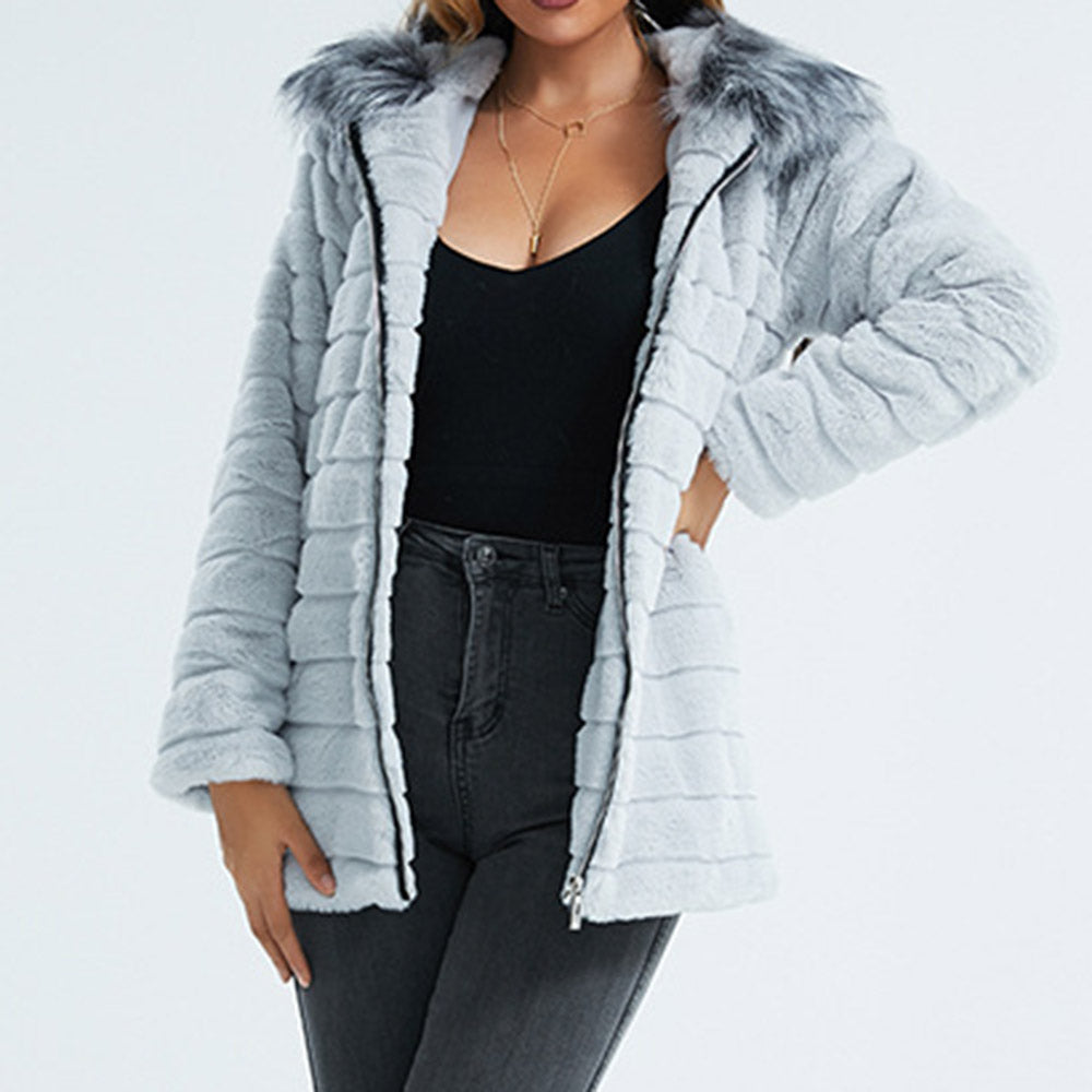 Mid-Length Regular Hooded Stripe Straight Women's Faux Fur Overcoat