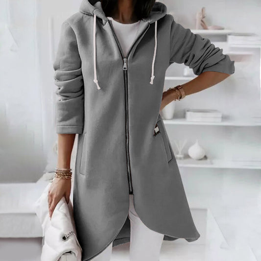 Zipper Plain Regular Drawstring Mid-Length Women's Hoodie