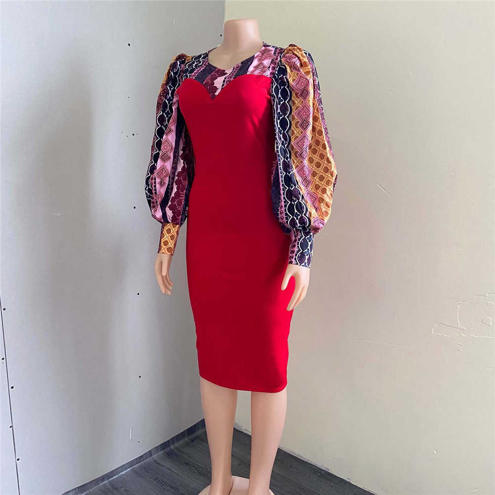 Bodycon Dress | Knee-Length Print Long Sleeve Round Neck Office Lady Women's Dress