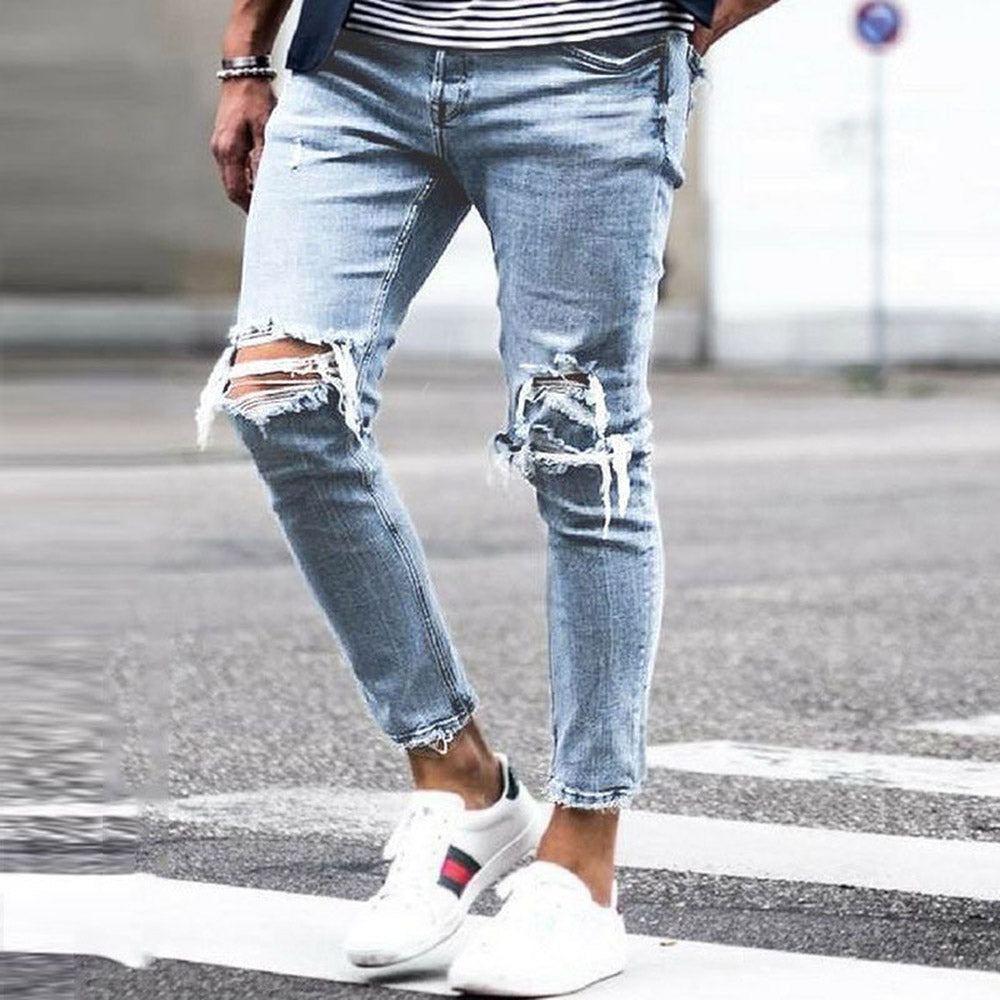 Plain Pencil Pants Hole Mid Waist Men's Jeans