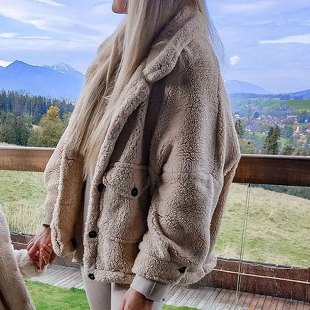Single-Breasted Loose Long Sleeve Fleece Lapel Women's Jacket