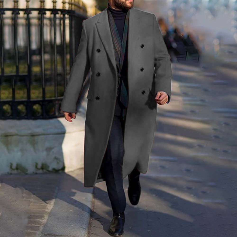 Button Plain Long Notched Lapel Double-Breasted Men's Coat