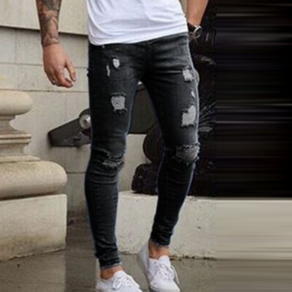 Pencil Pants Hole Plain Mid Waist Men's Jeans