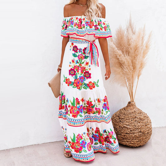 Print Off Shoulder Ankle-Length Short Sleeve High Waist Women's Dress