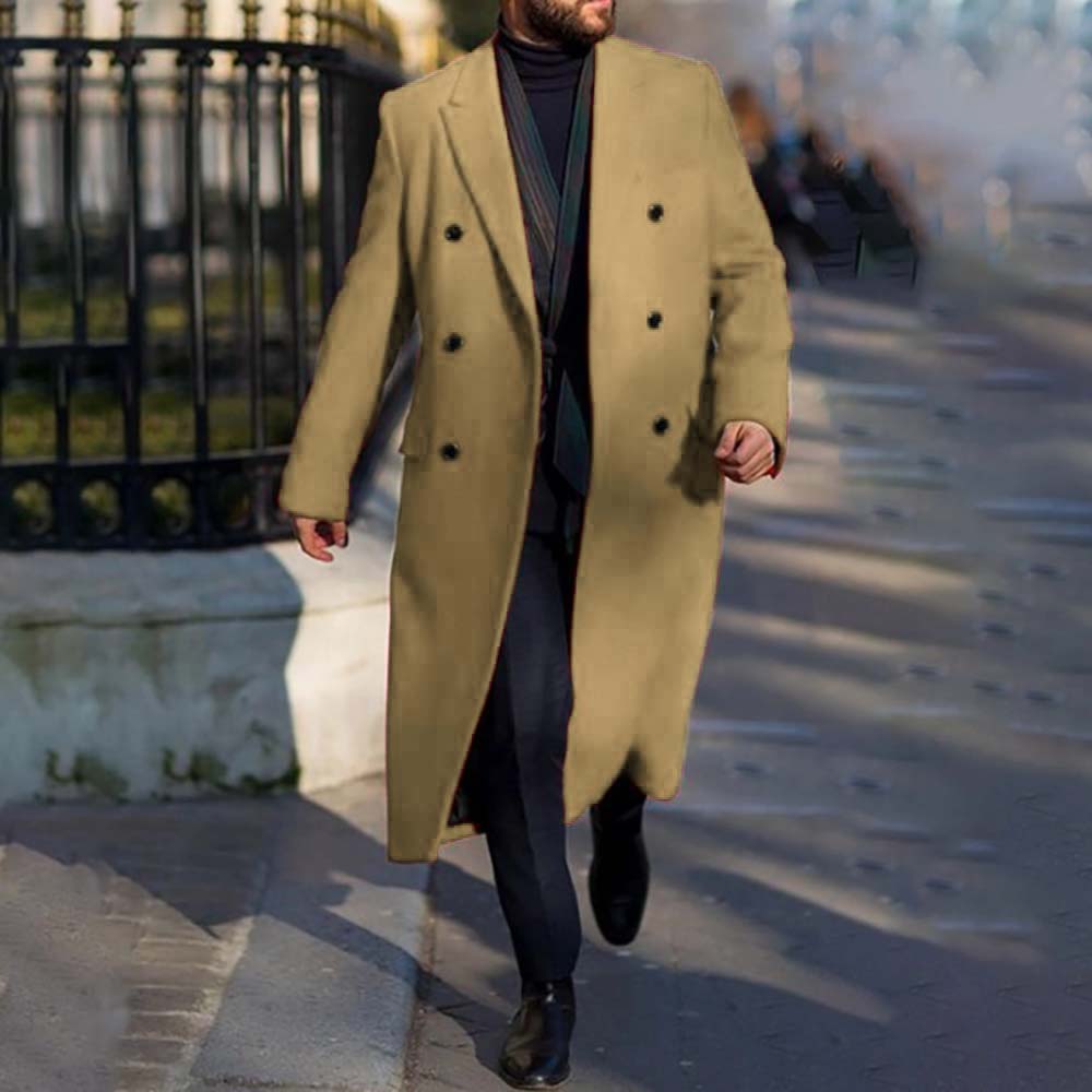 Button Plain Long Notched Lapel Double-Breasted Men's Coat