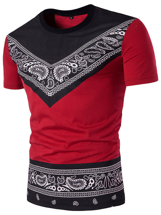 Print Color Block Round Neck Short Sleeve Men's T-shirt