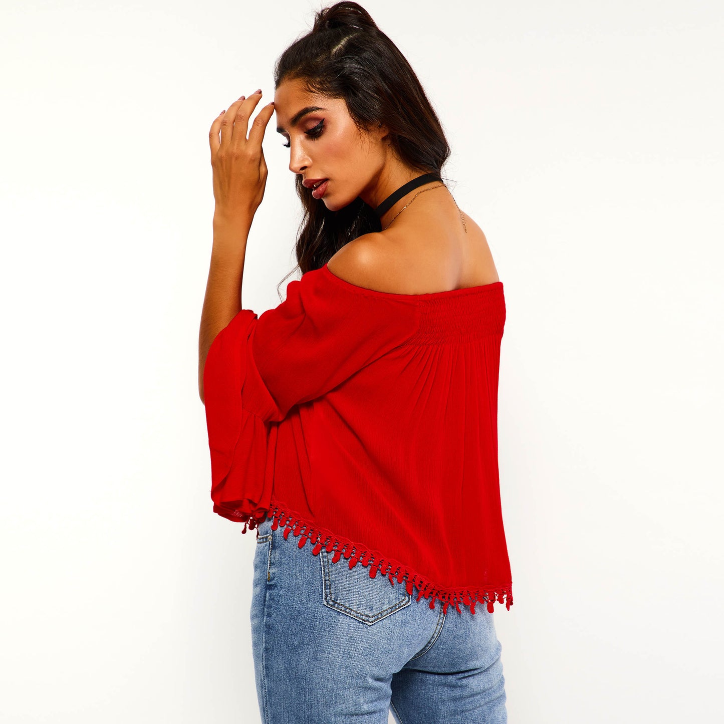 Plain Off Shoulder Asymmetric Flare Sleeve Short Women's Blouse