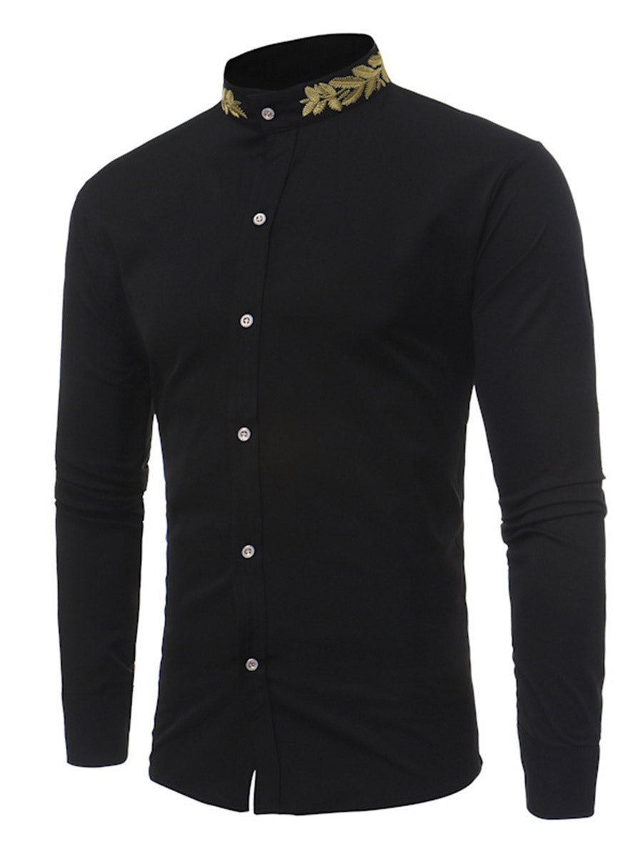 Embroidery Stand Collar Plain Single-Breasted Men's Shirt