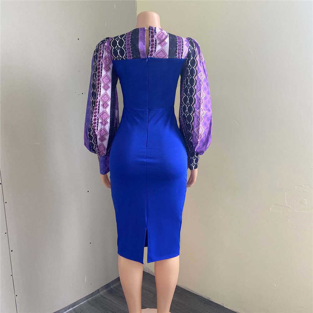 Bodycon Dress | Knee-Length Print Long Sleeve Round Neck Office Lady Women's Dress