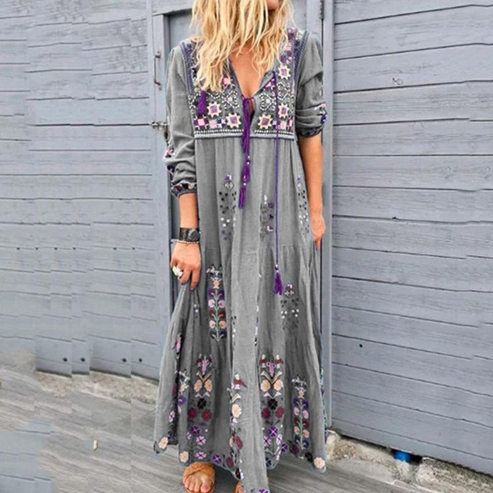 V-Neck Print Three-Quarter Sleeve Ankle-Length Straight Women's Dress