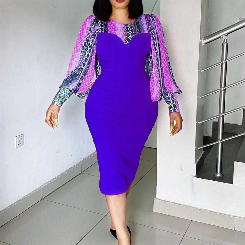 Bodycon Dress | Knee-Length Print Long Sleeve Round Neck Office Lady Women's Dress