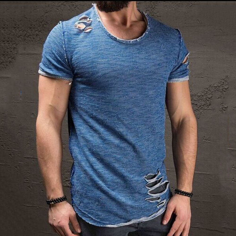 Round Neck Plain Casual Hole Slim Men's T-shirt