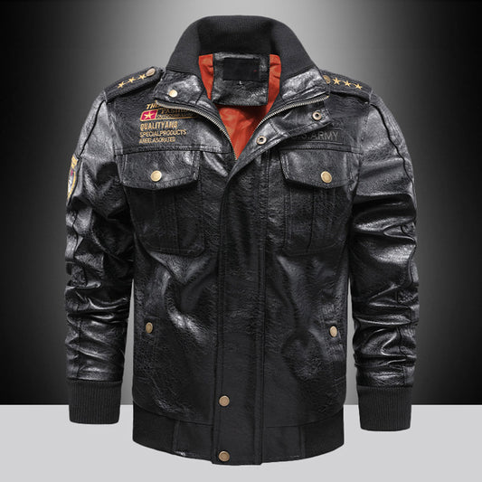 Stand Collar Letter Standard Loose Men's Leather Jacket