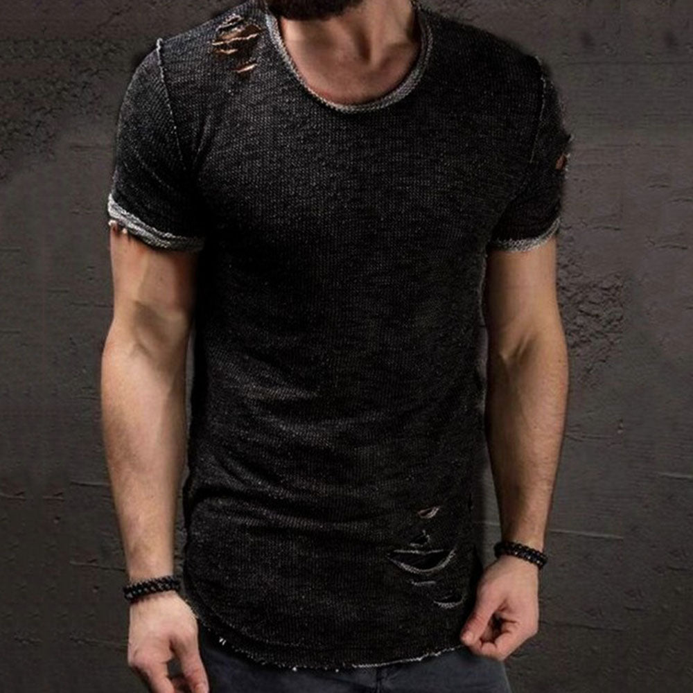 Round Neck Plain Casual Hole Slim Men's T-shirt