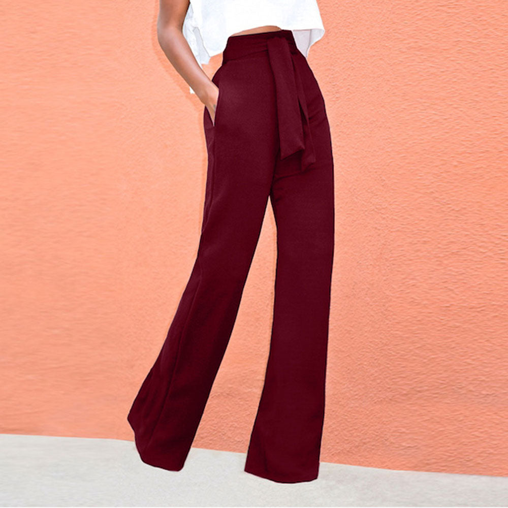 Belt Plain Loose Full Length Women's Casual Pants