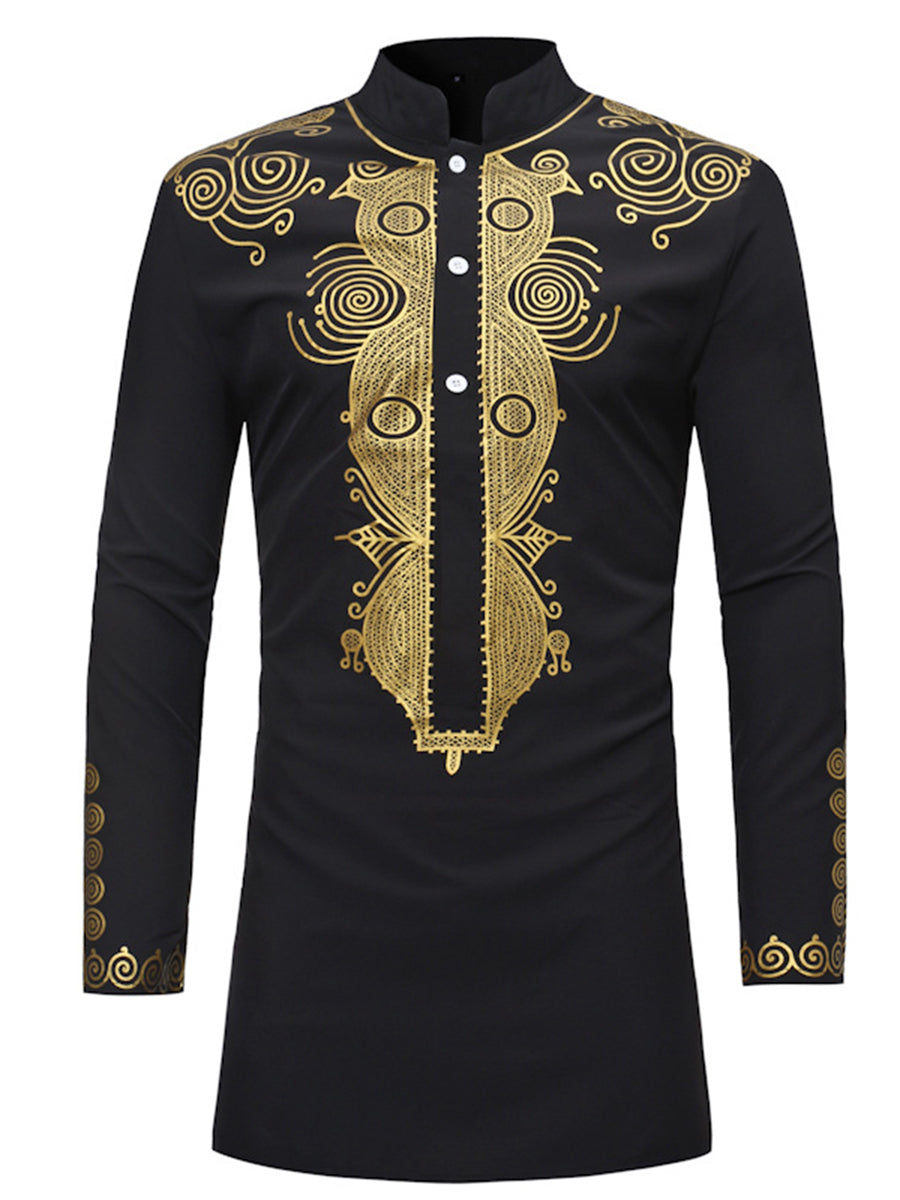 Dashiki Print African Ethnic Style Stand Collar Plain Slim Men's Shirt