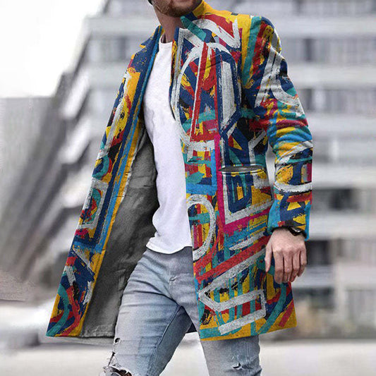 Stand Collar Mid-Length Print Single-Breasted Men's Coat