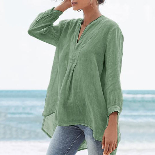 Plain Asymmetric V-Neck Mid-Length Women's Blouse