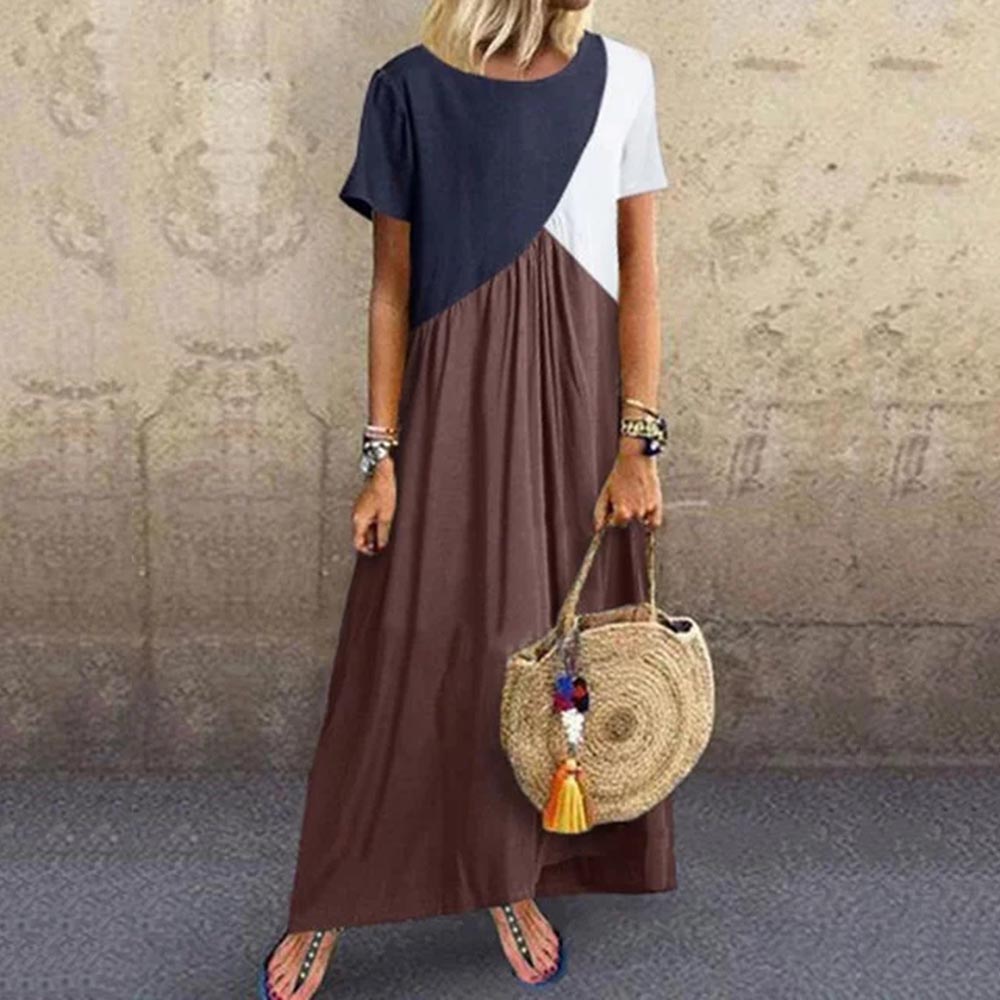 Round Neck Ankle-Length Patchwork Short Sleeve A-Line Women's Dress