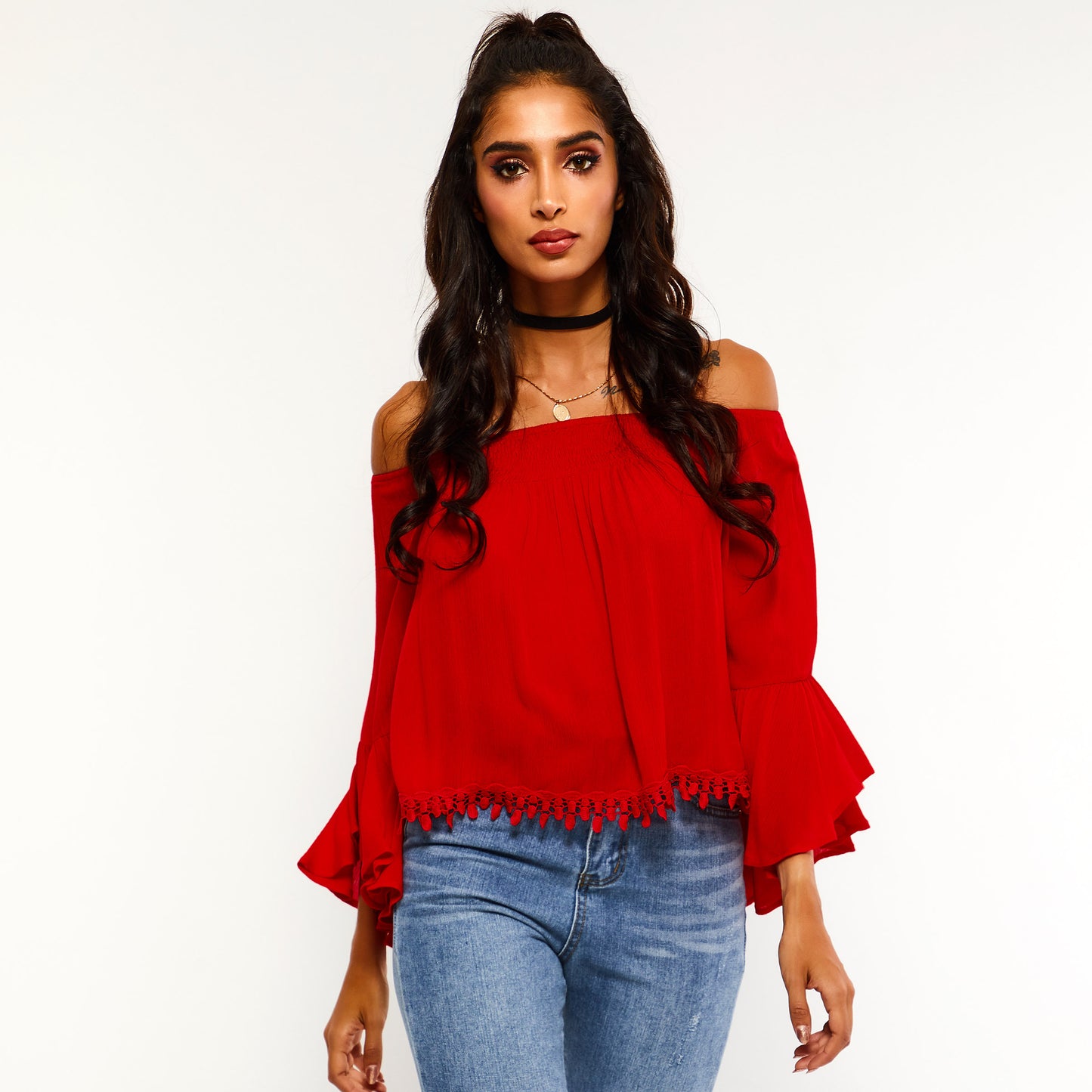 Plain Off Shoulder Asymmetric Flare Sleeve Short Women's Blouse